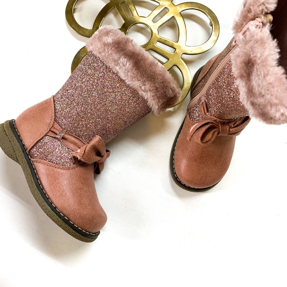Rachel Shoes, Pink Smooth Remmy Boot, Glitter Sparkle Bow Fur
